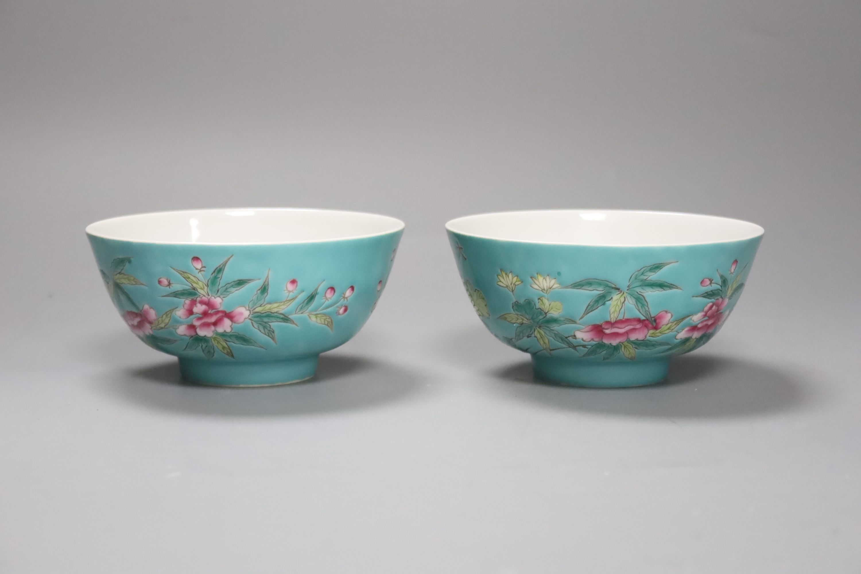 A pair of Chinese turquoise ground bowls, diameter 12cm